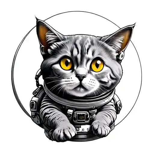 Tattoo Gray Cat Briton in an astronaut with yellow eyes sitting on a round moon on top tattoo design idea