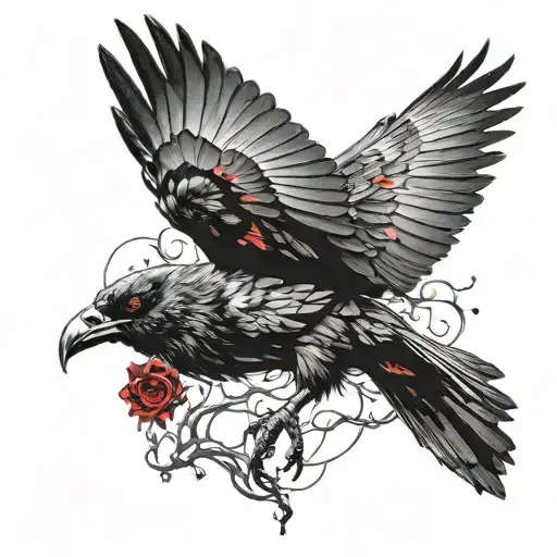undead crow flying with red eyes surrounded tattoo design idea