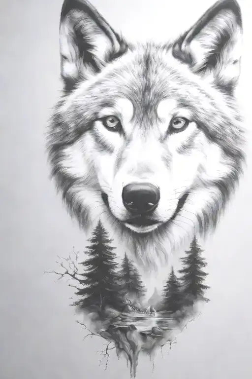 wolf cub, moon, forest, river, adult wolf, smoke rising tattoo design idea