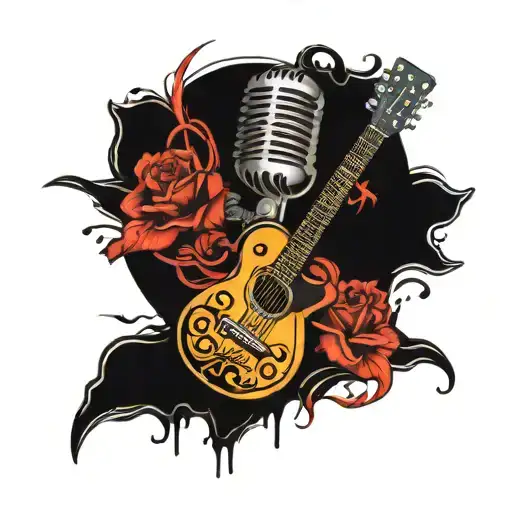 A vintage microphone intertwined with a guitar, symbolizing a love for music and hardcore punk tattoo design idea