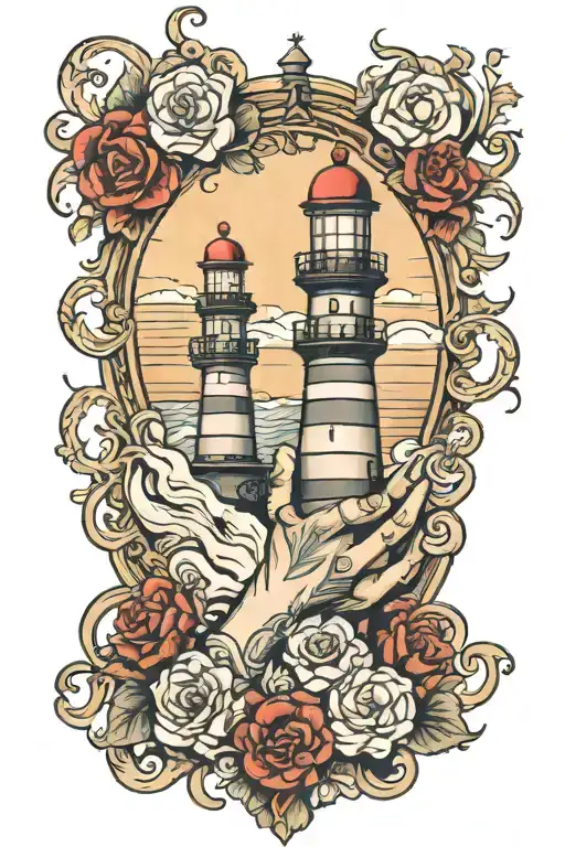prayer hands holding lighthouse tattoo design idea