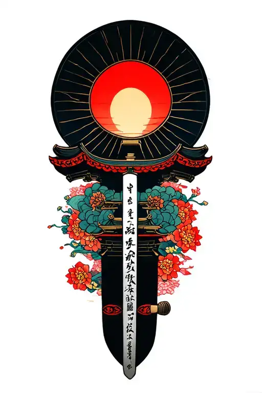 katana, Japanese sun, Shinto shrine tattoo design idea