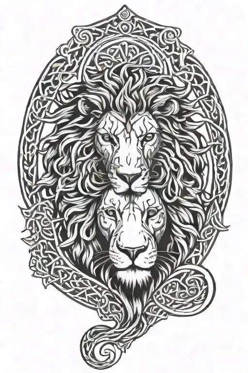 Sad lion and Celtic motifs tattoo design idea