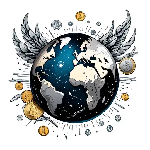 Planet Earth's tatoo with all the most valuable Muedas synbolos and highlighting the euro and dolare tattoo design idea