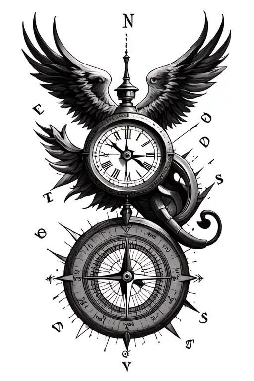 map compass and clock face tattoo design idea
