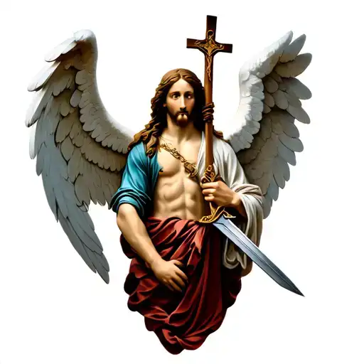 angel with sword and cross of Jesus Christ tattoo design idea