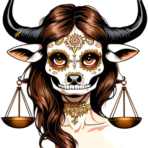 woman bull with sugar skull markings, brown eyes, brown hair and two Libra scales.  tattoo design idea