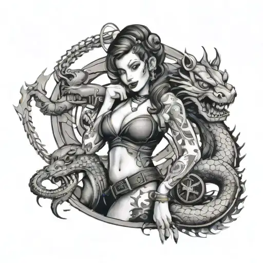 Steam punk pin up girl with a Welsh dragon tattoo design idea