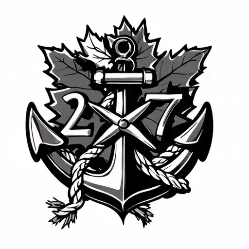 anchor as in for navy with a rope hanging and a maple leaf and compass on the anchor with the number 27 as well tattoo design idea