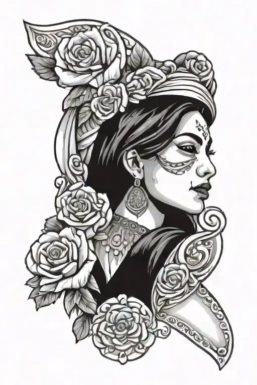 “A bold Chicana lesbian, bandana LGBTQ+ pride/Mexican flag colors. pouring water from vase tattoo design idea