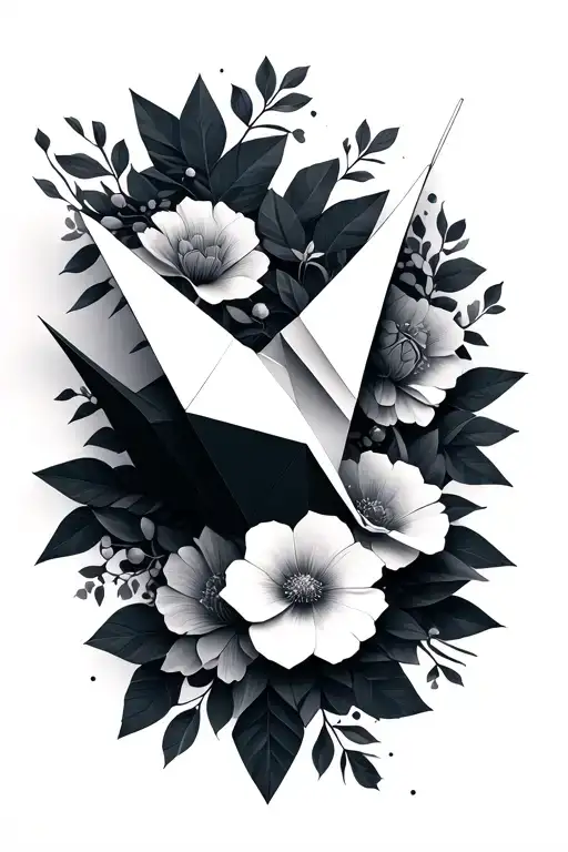 paper crane with geometric shapes and florals  tattoo design idea