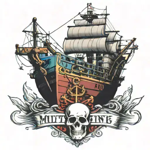 container ship with stacks of containers with a skull and anchor below and with text below that says "MUTINY" tattoo design idea