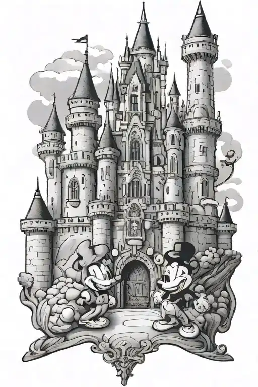 Disney castle with 2 men standing tattoo design idea