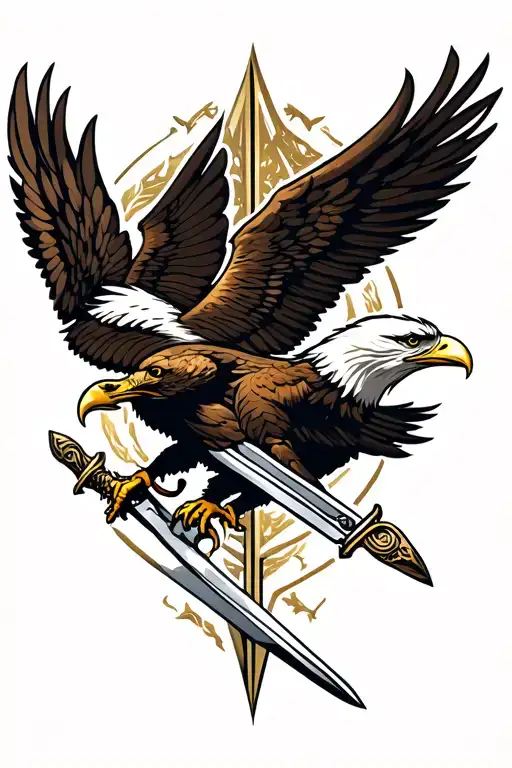eagle with wings perched on long sword symmetrical tattoo design idea