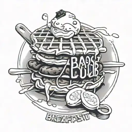 The words The Breakfast Club with waffles, sausage, and eggs behind the words and in black and white, realistic  tattoo design idea