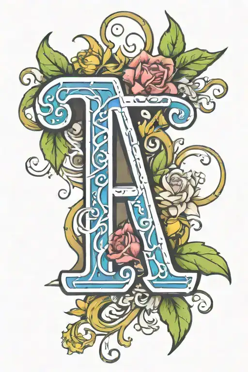 A capital letter T in calligraphy as part of rosebud tattoo design idea