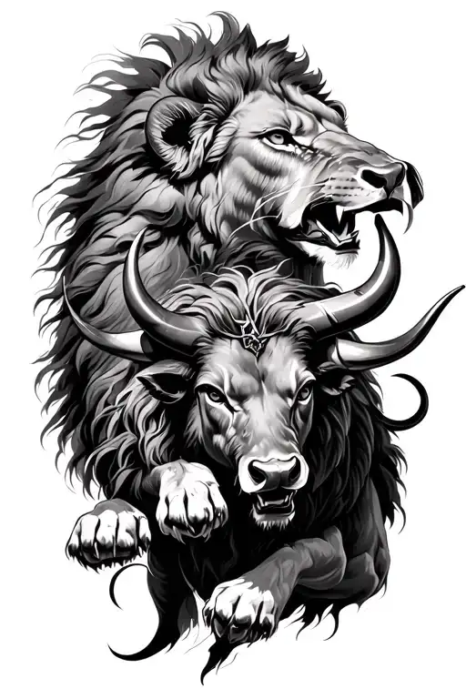  a majestic lion and a Spanish taurus bull In battle fighting to death tattoo design idea