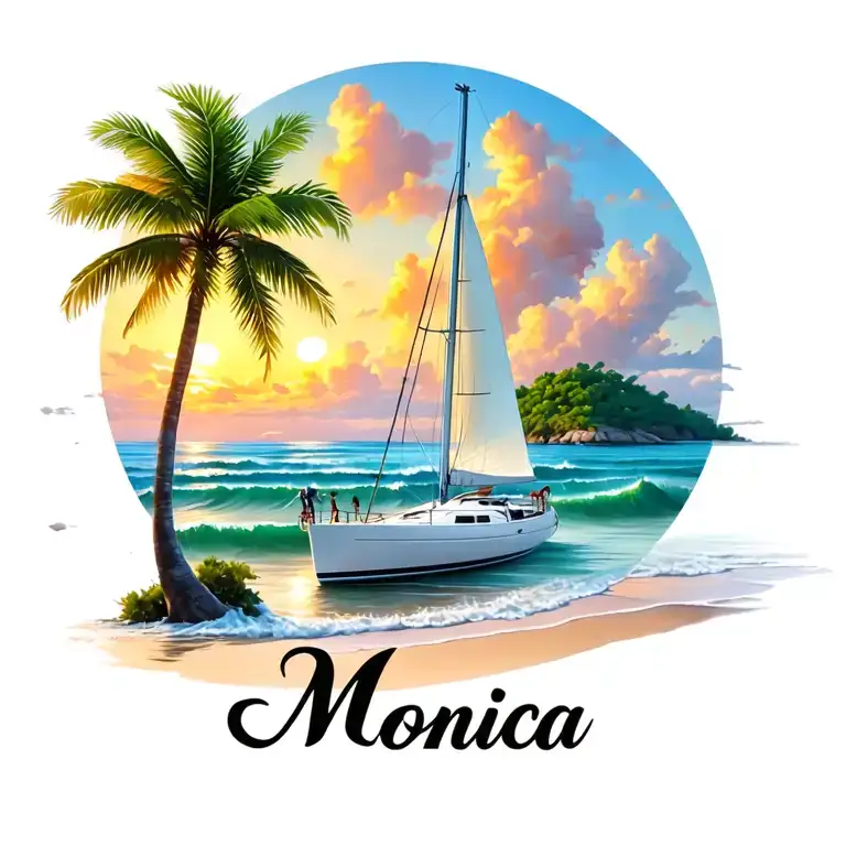 "Monica" "Monica" "Monica" "Monica" "Monica" "Monica" "Monica" white catamaran sailing, sunrise, small island palm, ocean beach outside of circle at bottom tattoo design idea