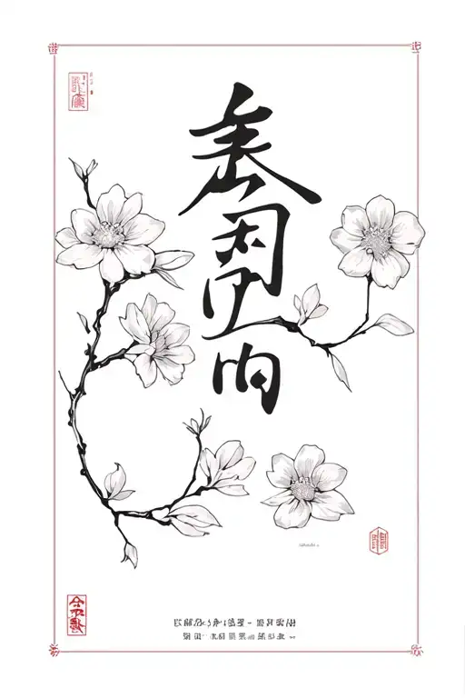 japanese oubaitori kanji with corresponding flowers and japanese text below tattoo design idea