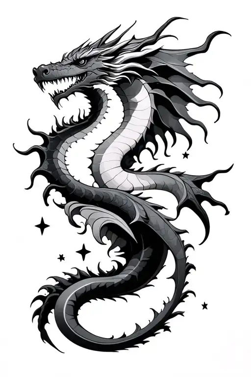 dragon, moon, sun, stars, shadows tattoo design idea