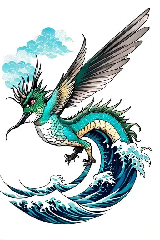 Japanese dragon great wave humming bird tattoo design idea