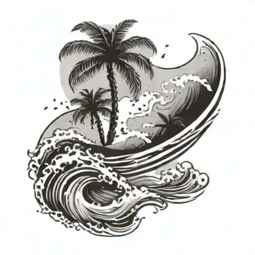 An abstract design of waves crashing on a beach with palm trees swaying in the wind, representing the client's love for California beaches tattoo design idea