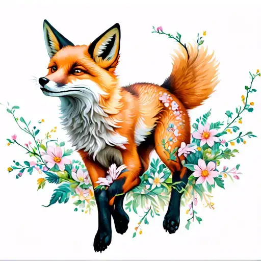 A running Kitsune Fox with two tails fluttering behind her in flowers tattoo design idea