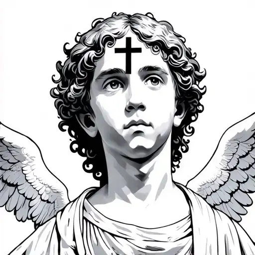 a boy angel with a cross on the forehead tattoo design idea