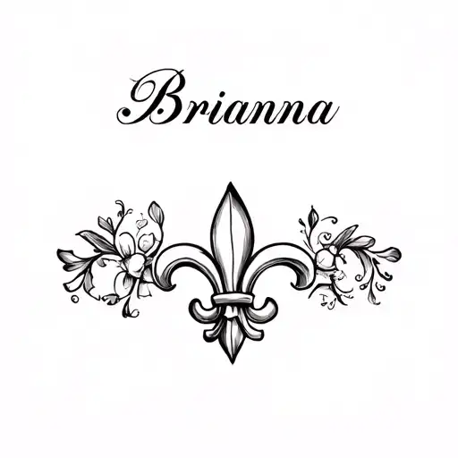"Brianna" Fleur De Lis with text 'Brianna' in calligraphy tattoo design idea
