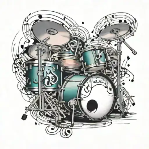 A tattoo design featuring a drum set surrounded by musical notes and a treble clef tattoo design idea
