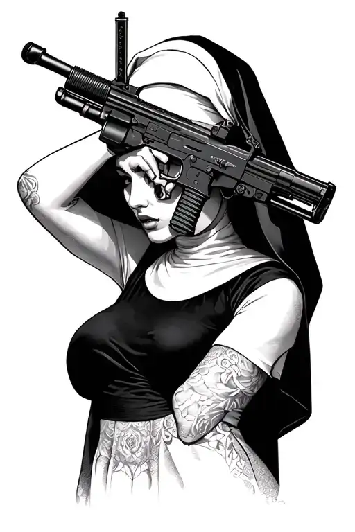 Sexy nun with M240 machine gun intertwined tattoo design idea