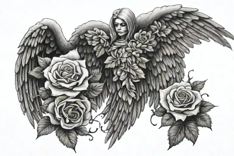 fallen angel wings with roses tattoo design idea