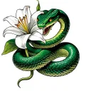 green snake with a lily blooming srkund its head. viper with fangs tattoo design idea