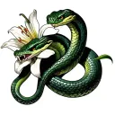 green snake with a lily blooming srkund its head. viper with fangs tattoo design idea