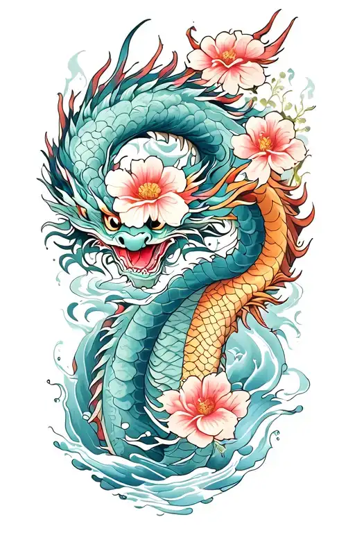 floral japanese tattoo with dragon and water  tattoo design idea