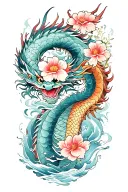 floral japanese tattoo with dragon and water  tattoo design idea
