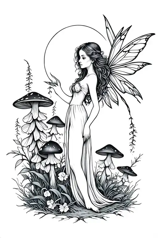 mystical fantasy tattoo design featuring an enchanted forest scene with mushrooms, foxglove flowers, and ethereal fairie tattoo design idea