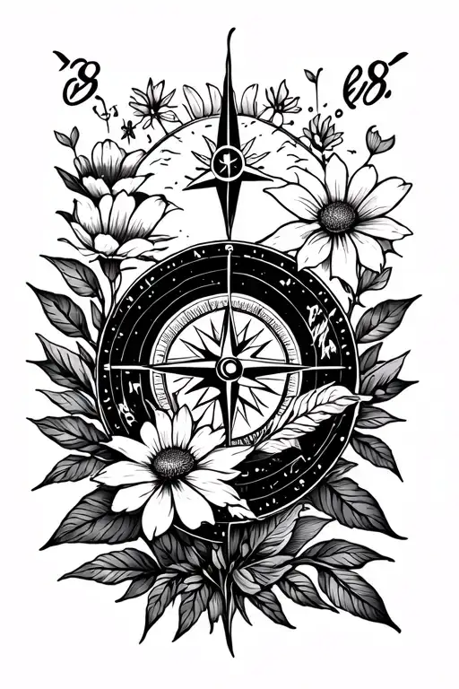 full arm tattoo with signs of 1. 8 2. Afghanistan landscape3. Blooming flower4. Compass5. Seedling6. Broken ring tattoo design idea