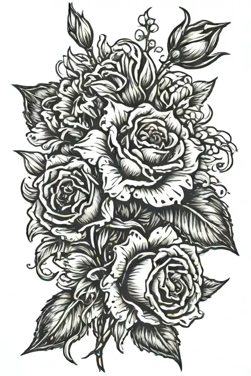 Gladiolus, Carnation, Snowdrop, and a rose all falling down individually with their stem, NOT touching tattoo design idea