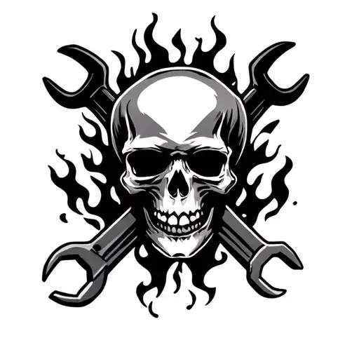 skull and wrenches with flames surrounding tattoo design idea