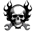 skull and wrenches with flames surrounding tattoo design idea