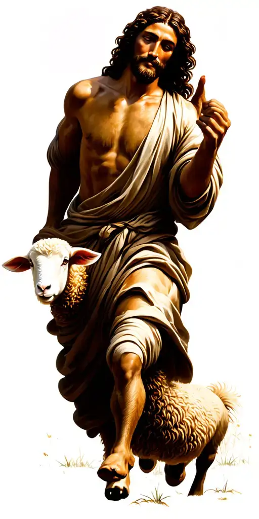 jesus running out of the woods toa lost baby sheep in the pasture tattoo design idea