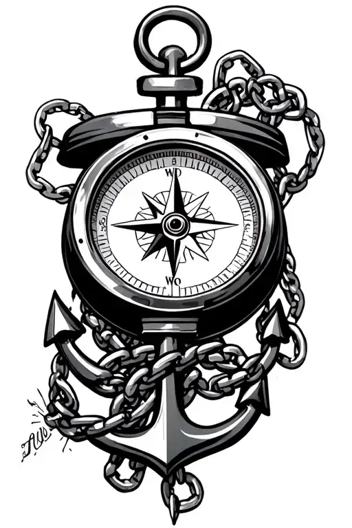 a compass with a chain linked to an anchor tattoo design idea