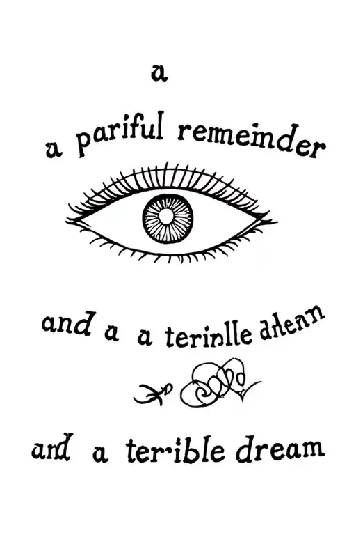 the image of an eyelid up formed by the texts "a painful reminder" and "and a terrible dream" tattoo design idea