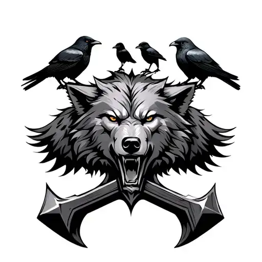 thors hammer wolf head on each side with three crows sitting on top of hammer tattoo design idea