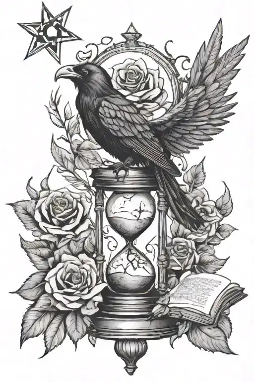 bookish tattoo with raven wings hourglass skeletal hand holding rose violets mountains with 3 stars raven wings phoenix tattoo design idea