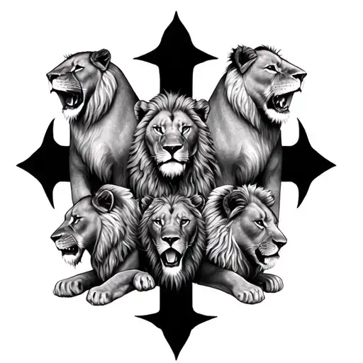 cross with 2 female lions and 4 male lions tattoo design idea