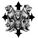 cross with 2 female lions and 4 male lions tattoo design idea