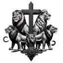 cross with 2 female lions and 4 male lions tattoo design idea