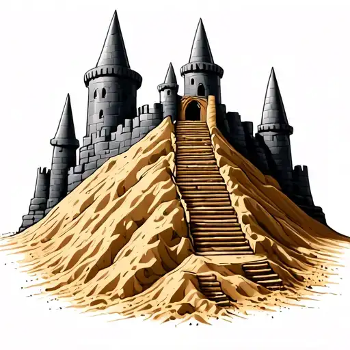 bright sand castle on pile of sand with stairs around it tattoo design idea